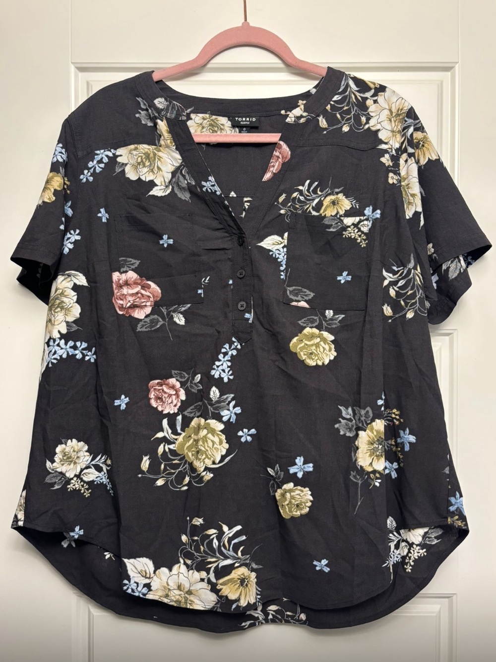 torrid Black Floral Notch-Neck Henley Blouse